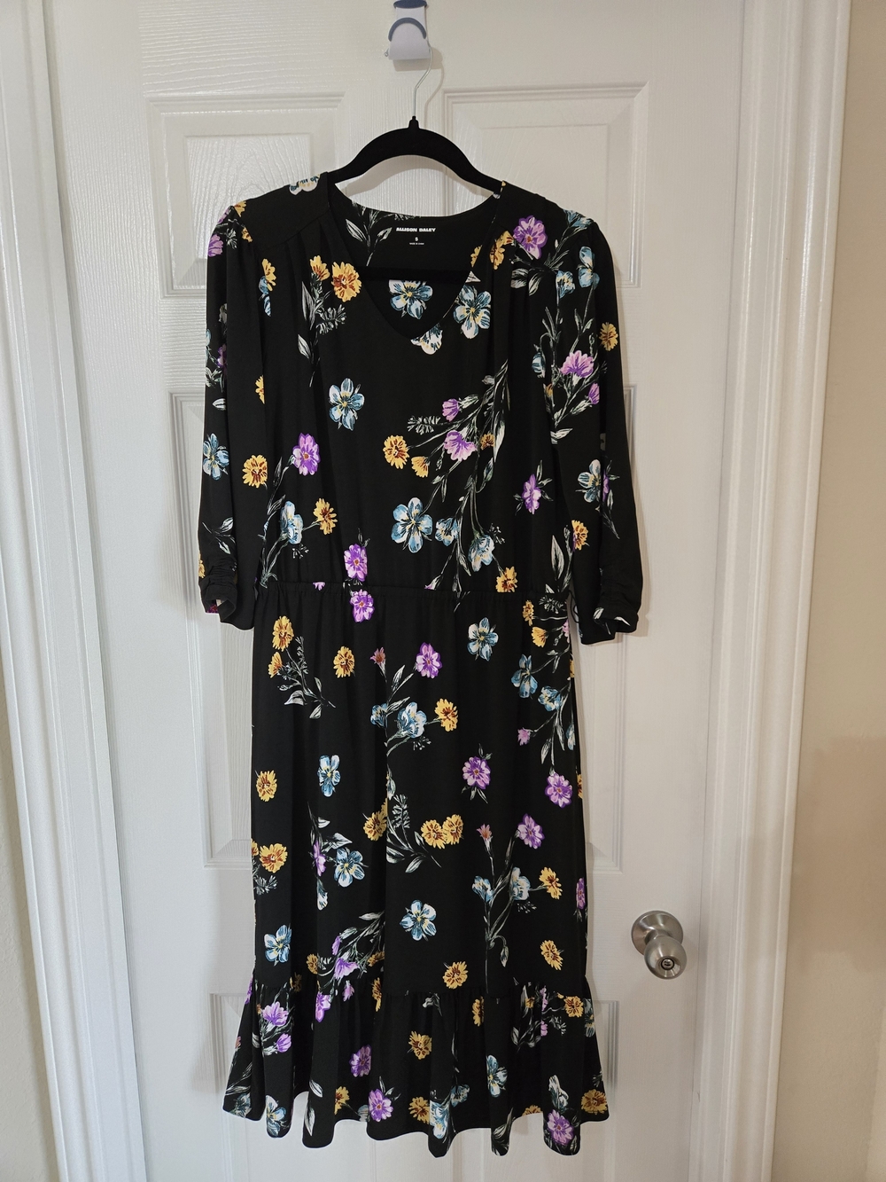 Allison Daley Black Maxi Dress with Blue, Yellow & Purple Floral Print